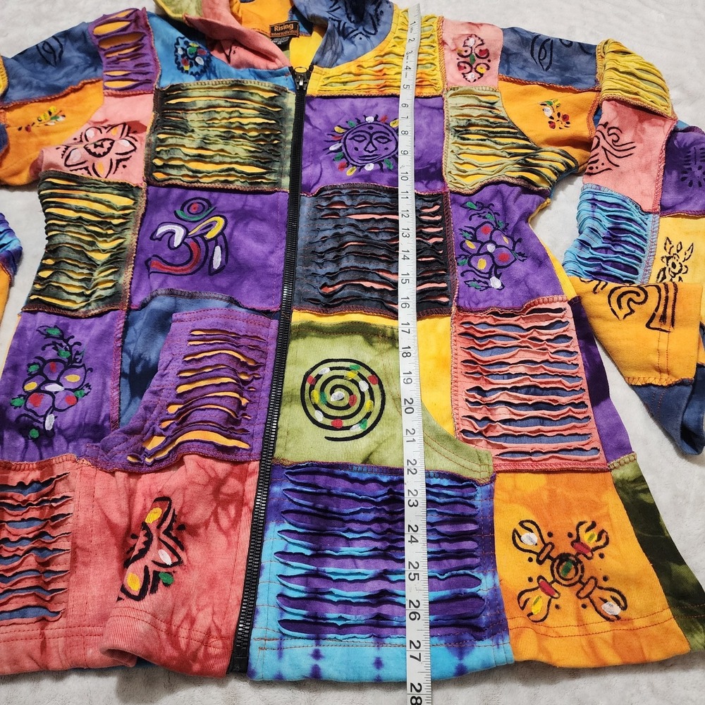 Rising International Hoodie XL Tie Dye Patchwork Sun Celestial Hippie Artsy Boho - Picture 9 of 12